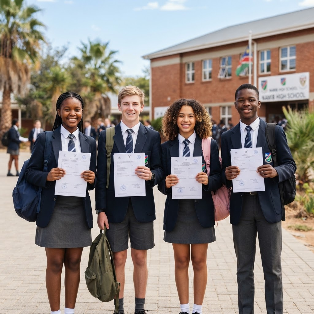 A diverse group of confident Namibian high school students standing together at school with their exam reports