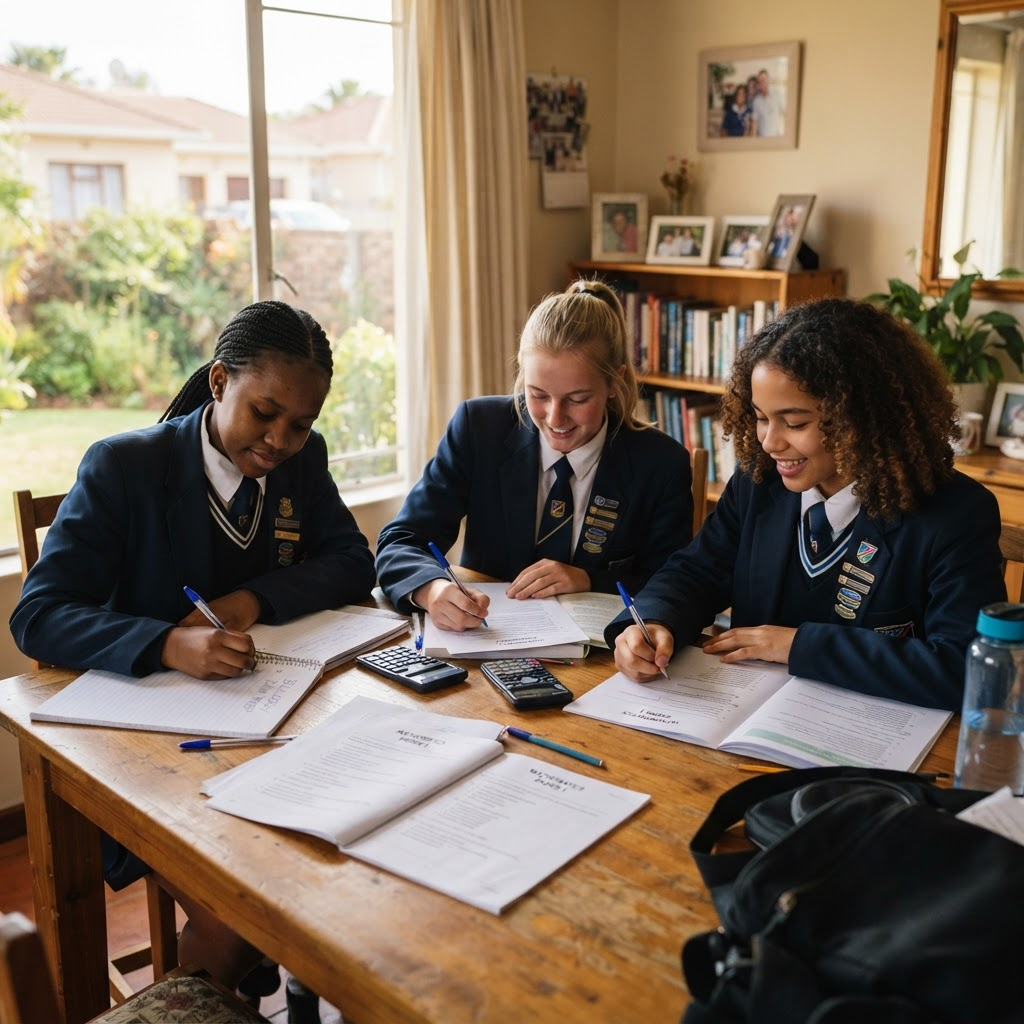 A diverse group of Namibian high school students writing exam practice papers together at a table