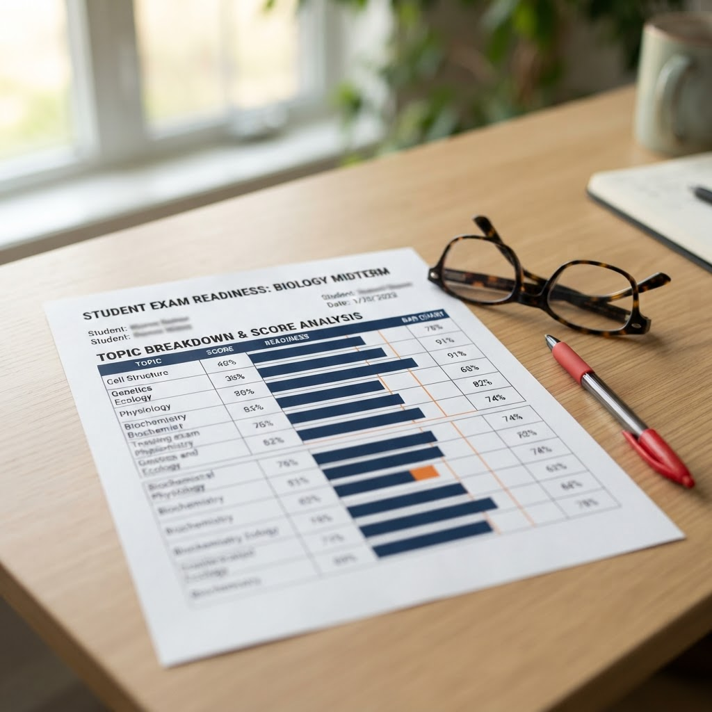 A printed one-page exam readiness report with a topic-by-topic breakdown on a desk