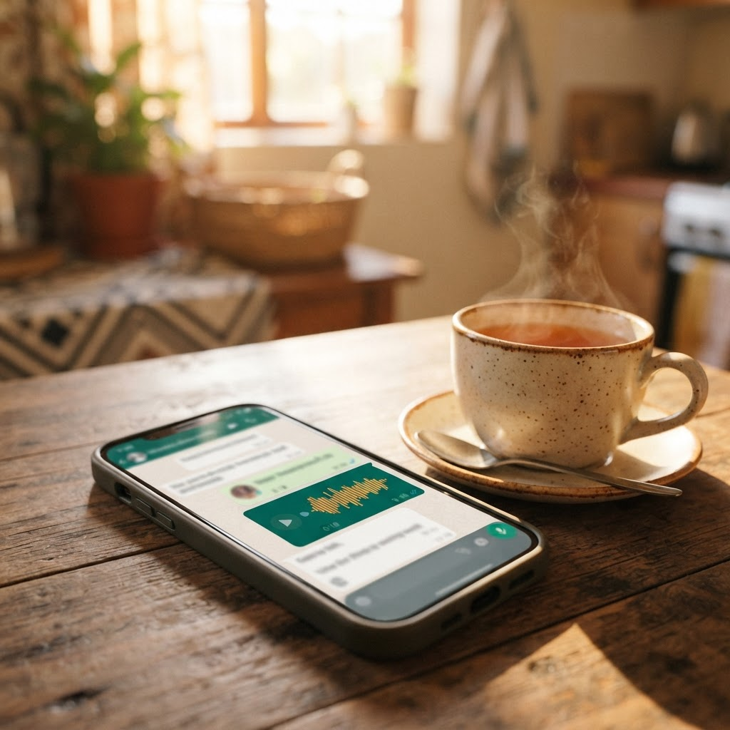 A smartphone on a kitchen table showing a WhatsApp voice note walkthrough